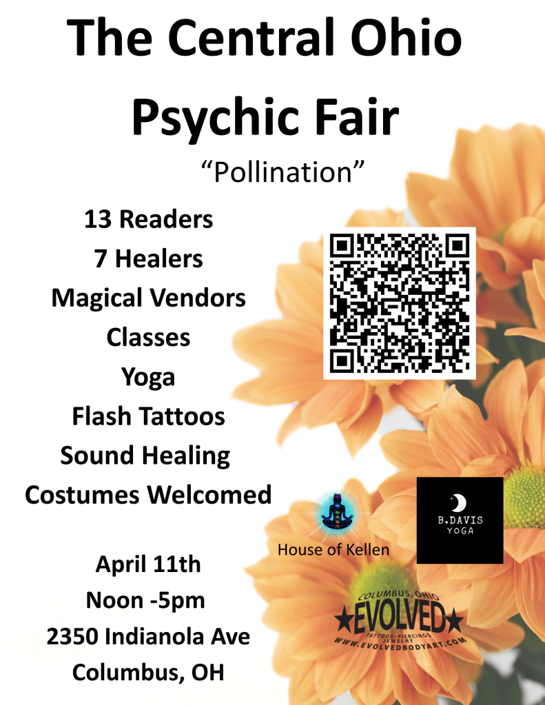 Poster for the Central Ohio Psychic Fair titled 'Pollination' with details about the event, including activities like classes, yoga, and sound healing, along with date, time, and location.